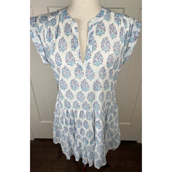 Oliphant Tuckernuck Gauze Cotton Block Print Dress L Blue Pink Tiered Above Knee - Picture 3 of 9